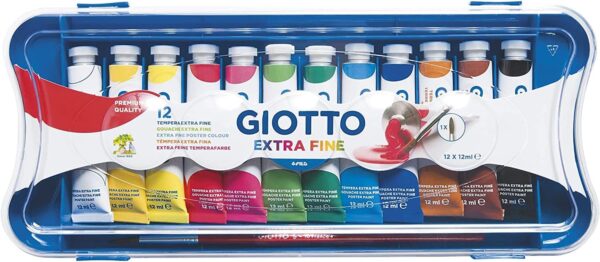 GIOTTO Extra Fine – Astuccio da 12 Tempere Extra Fine in Tubetto + 1 Pennello, 12ml